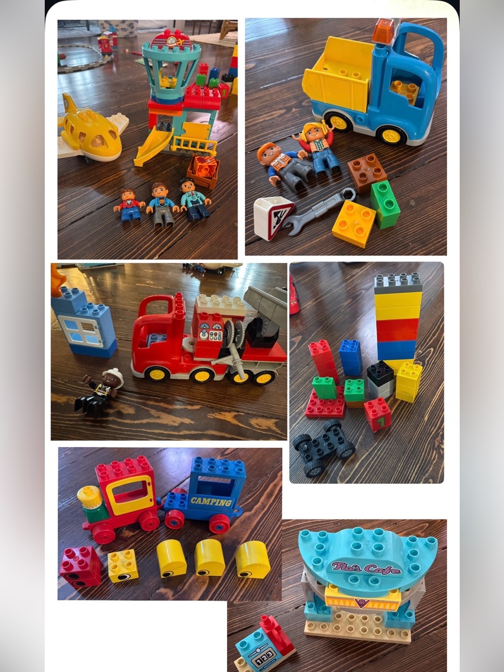 Duplo Sets - airport, firetruck, dump truck, Flo’s dinner, vintage, etc